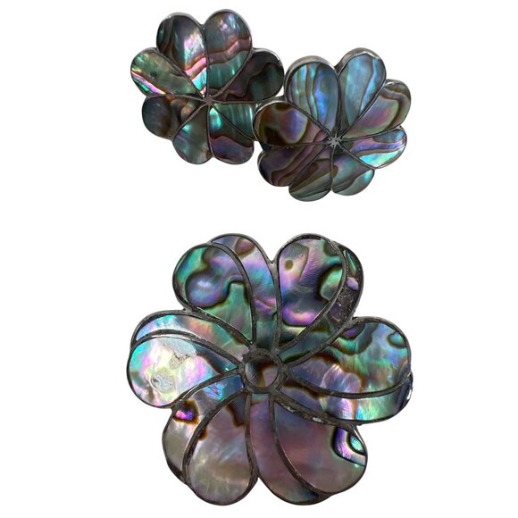 VTG Alpaca Mexico 925 Silver Abalone Floral Clip Earring & Brooch or Pendant Set - Picture 1 of 13